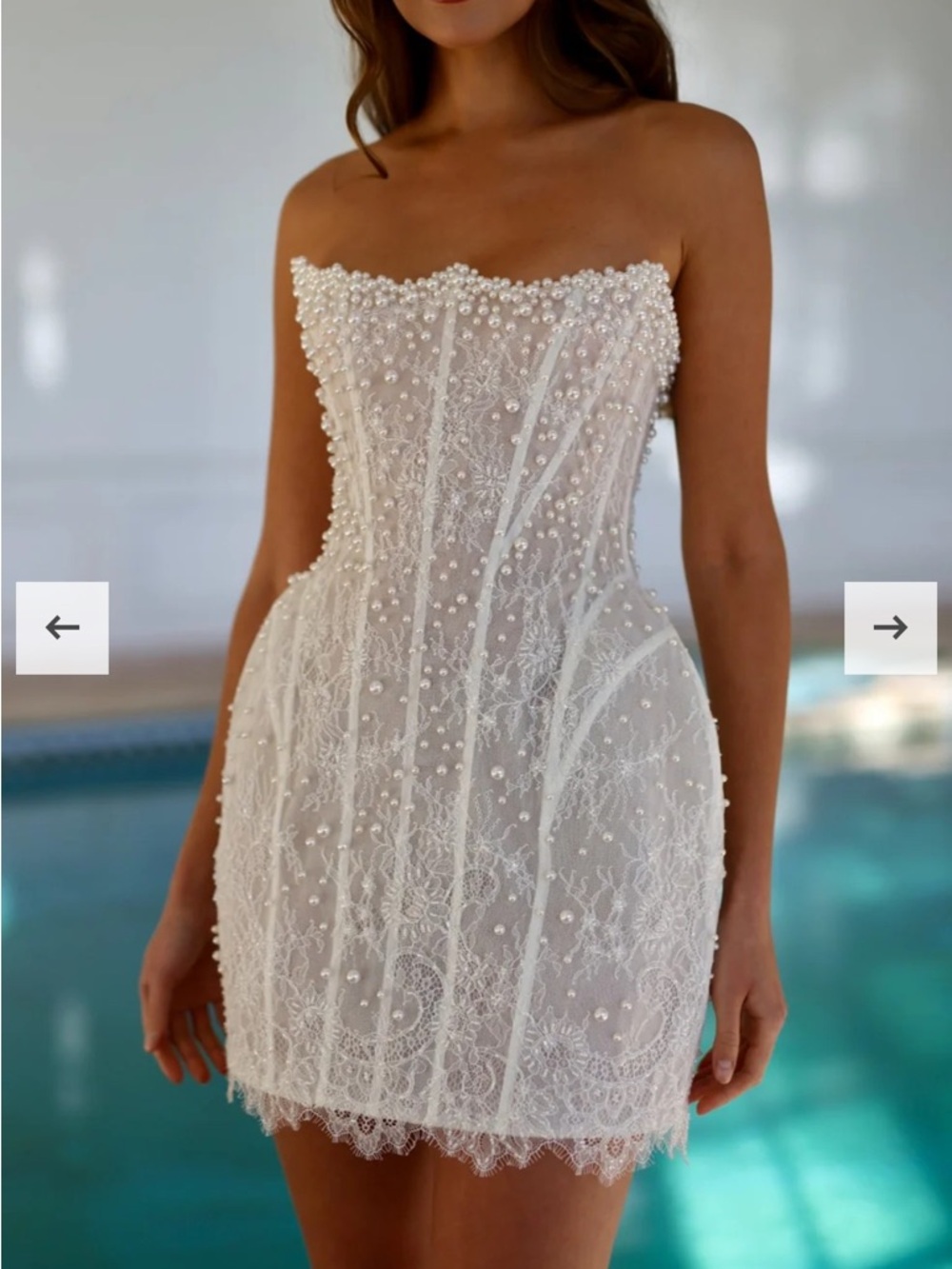 Strapless Pearl & Lace Mini Dress - White - Picture 2 of 6
